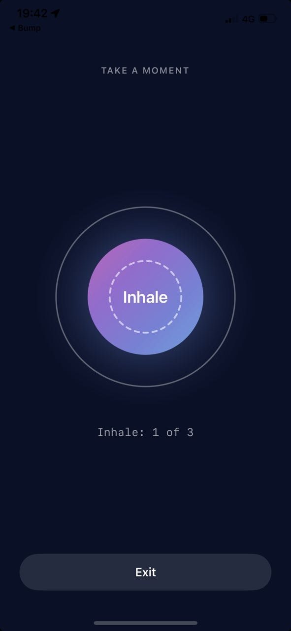 The breathing pause screen: Take a Moment, Inhale, Exit