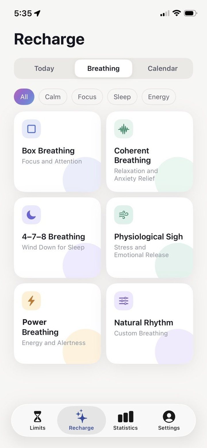 Hima breathing exercises: Box Breathing, Coherent Breathing, 4-7-8 Breathing, Physiological Sigh, Power Breathing, Natural Rhythm