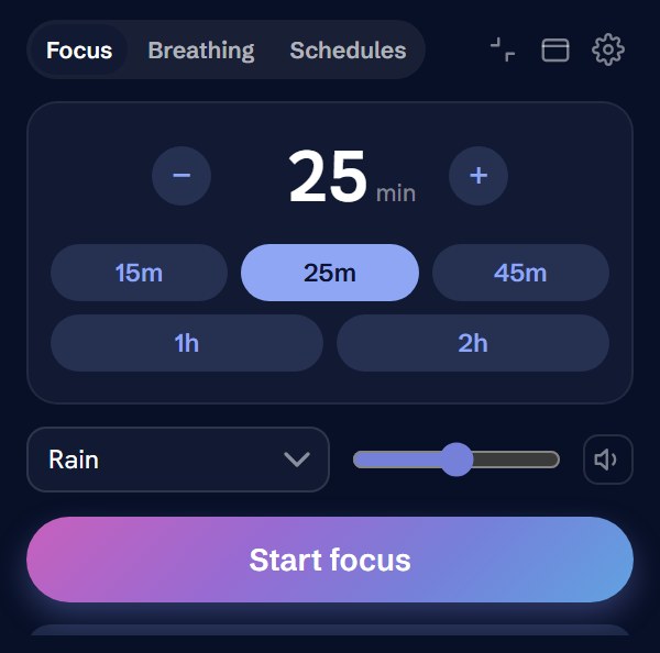 Hima focus Chrome extension: choosing 25 minutes for a focus session with rain sound
