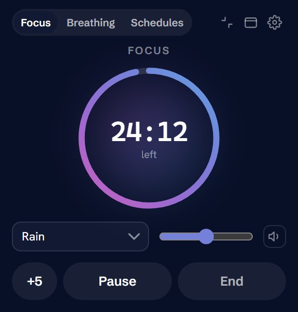 Hima focus Pomodoro timer for Chrome: 24:12 left in a focus session