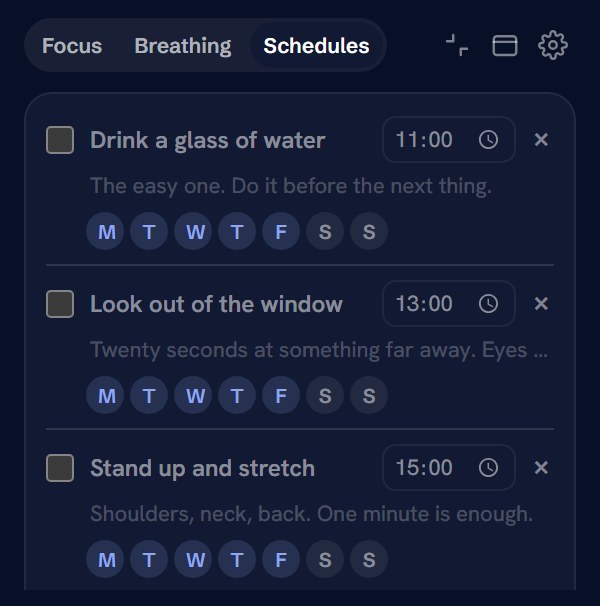 Reminders in the Chrome extension: drink a glass of water, look out of the window, stand up and stretch