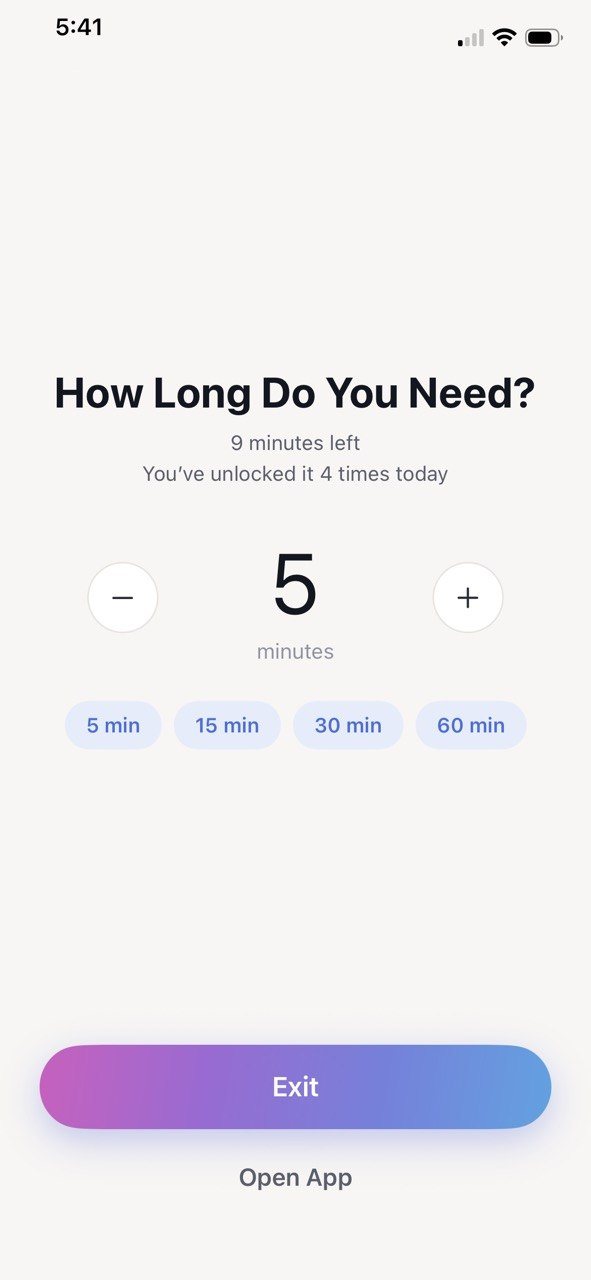 How Long Do You Need? A 5 minute app time limit, with 5, 15, 30 and 60 minute options