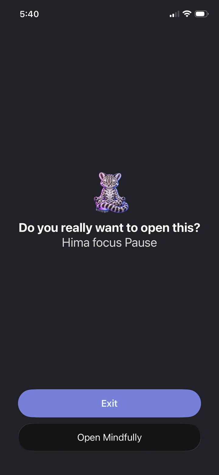 Hima pause screen: Do you really want to open this? Exit, Open Mindfully