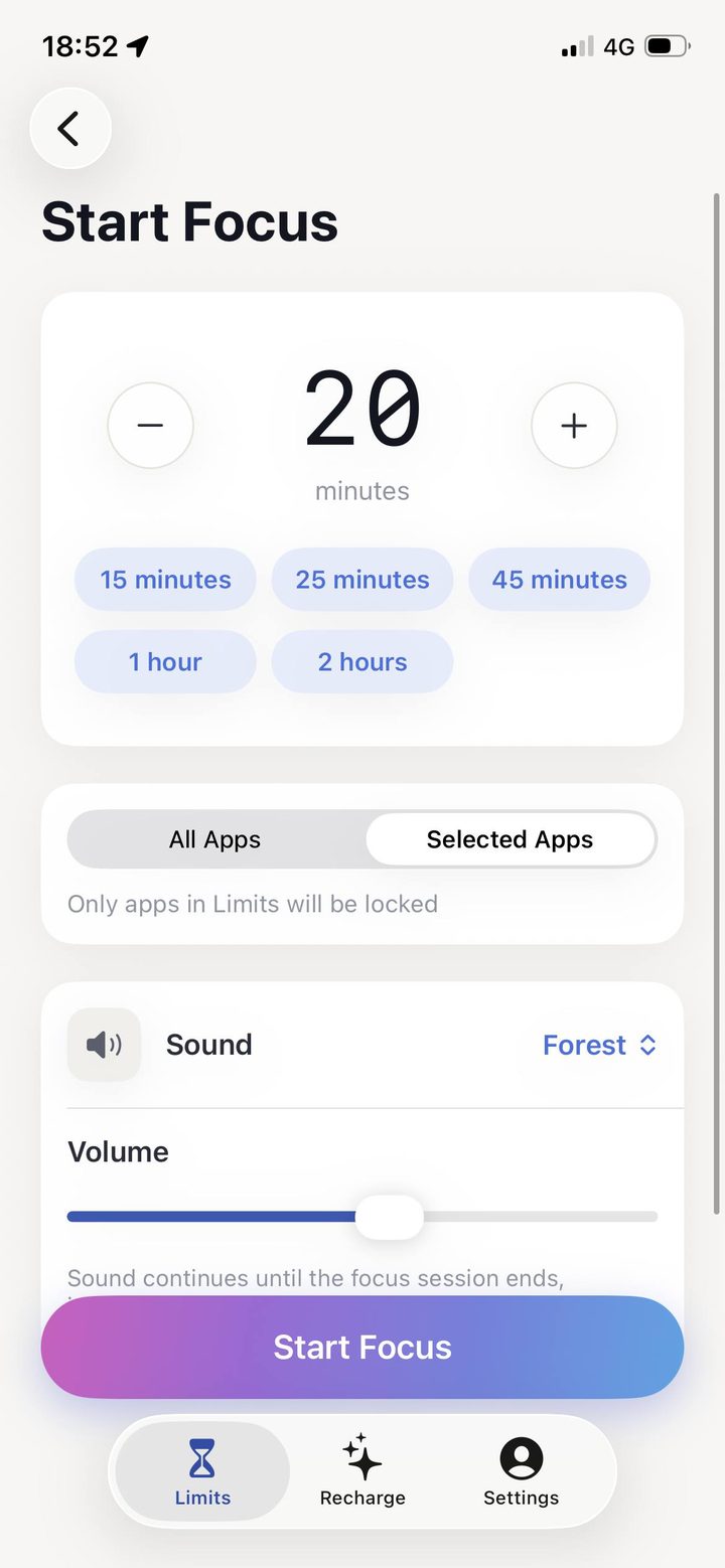 Start Focus screen: 20 minutes, Selected Apps, a Forest sound