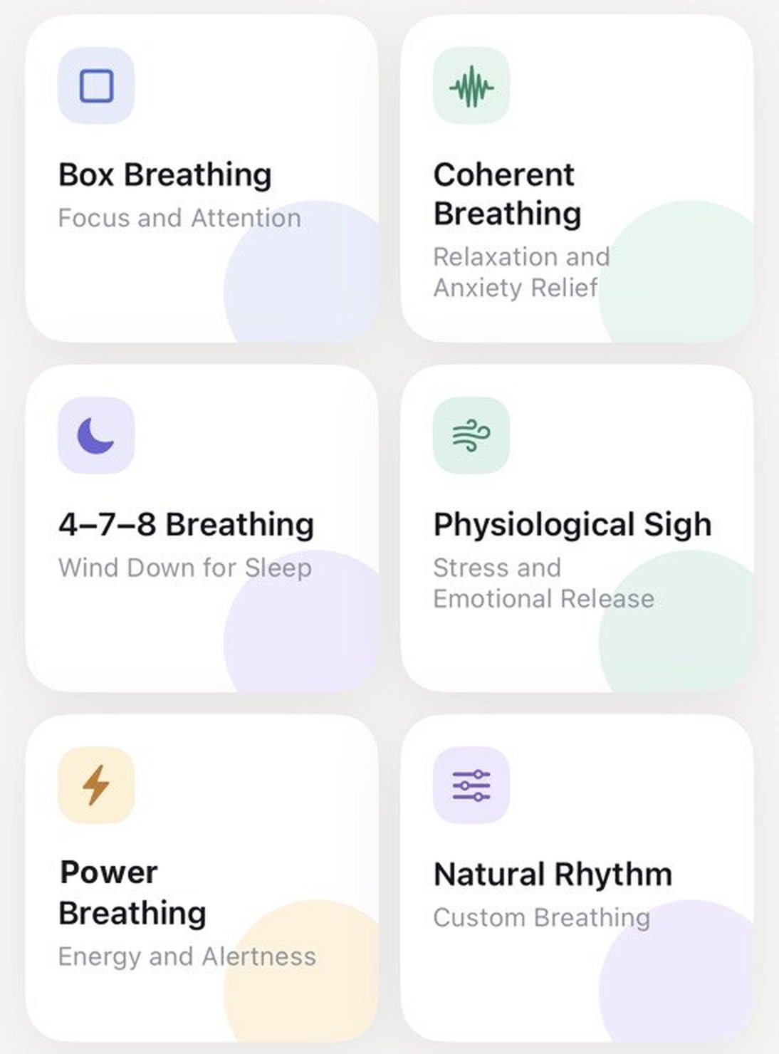 Breathing exercises: Box Breathing, Coherent Breathing, 4-7-8 Breathing, Physiological Sigh, Power Breathing, Natural Rhythm