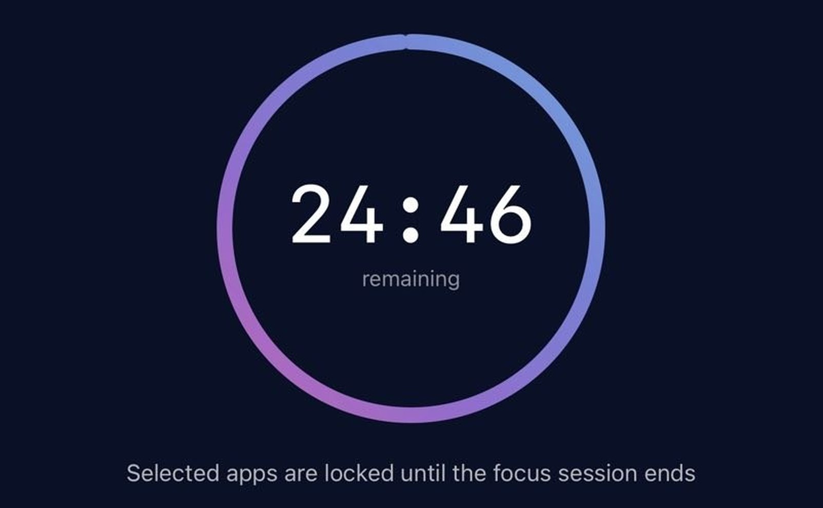 Pomodoro focus timer: 24:46 remaining, selected apps are locked until the focus session ends