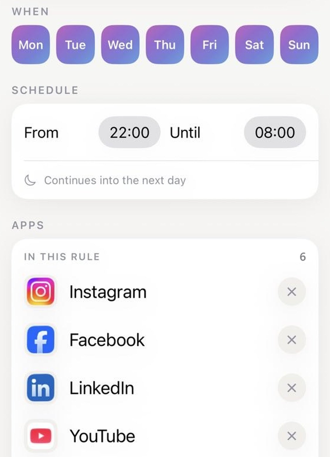 Schedule: every day from 22:00 until 08:00, blocking Instagram, Facebook, LinkedIn and YouTube